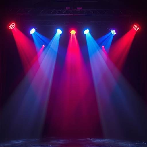 Stage lighting setup with various spotlights and gels