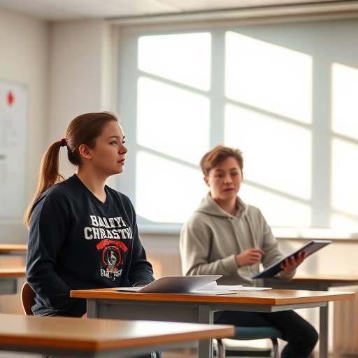 Two students rehearsing a scene in a classroom setting